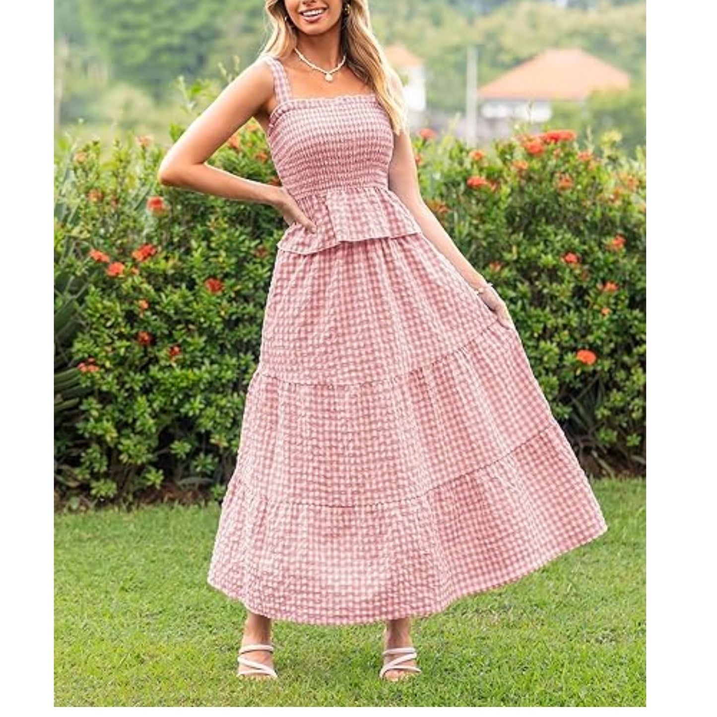 Women's Pink Gingham Smocked Tiered Maxi Sundress