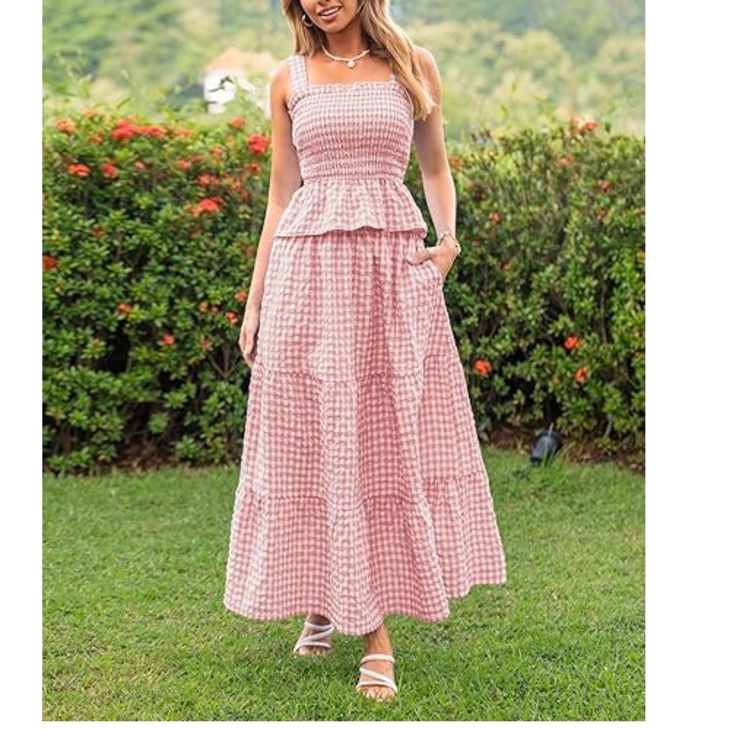 Women's Pink Gingham Smocked Tiered Maxi Sundress