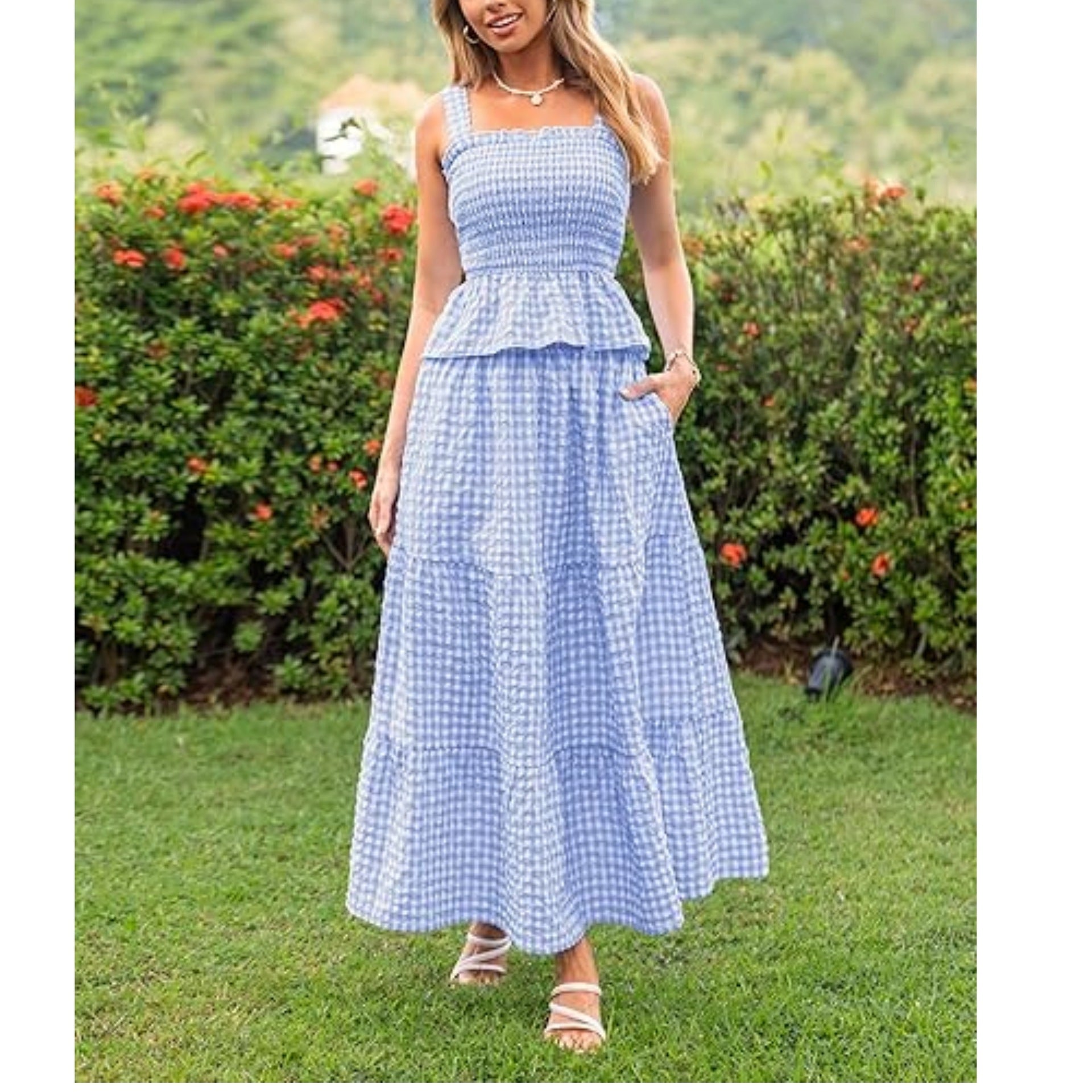 Women's Pink Gingham Smocked Tiered Maxi Sundress