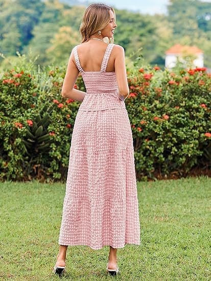 Women's Pink Gingham Smocked Tiered Maxi Sundress
