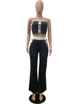 Chic Grey Pinstripe Strapless Crop Top & Pants Set