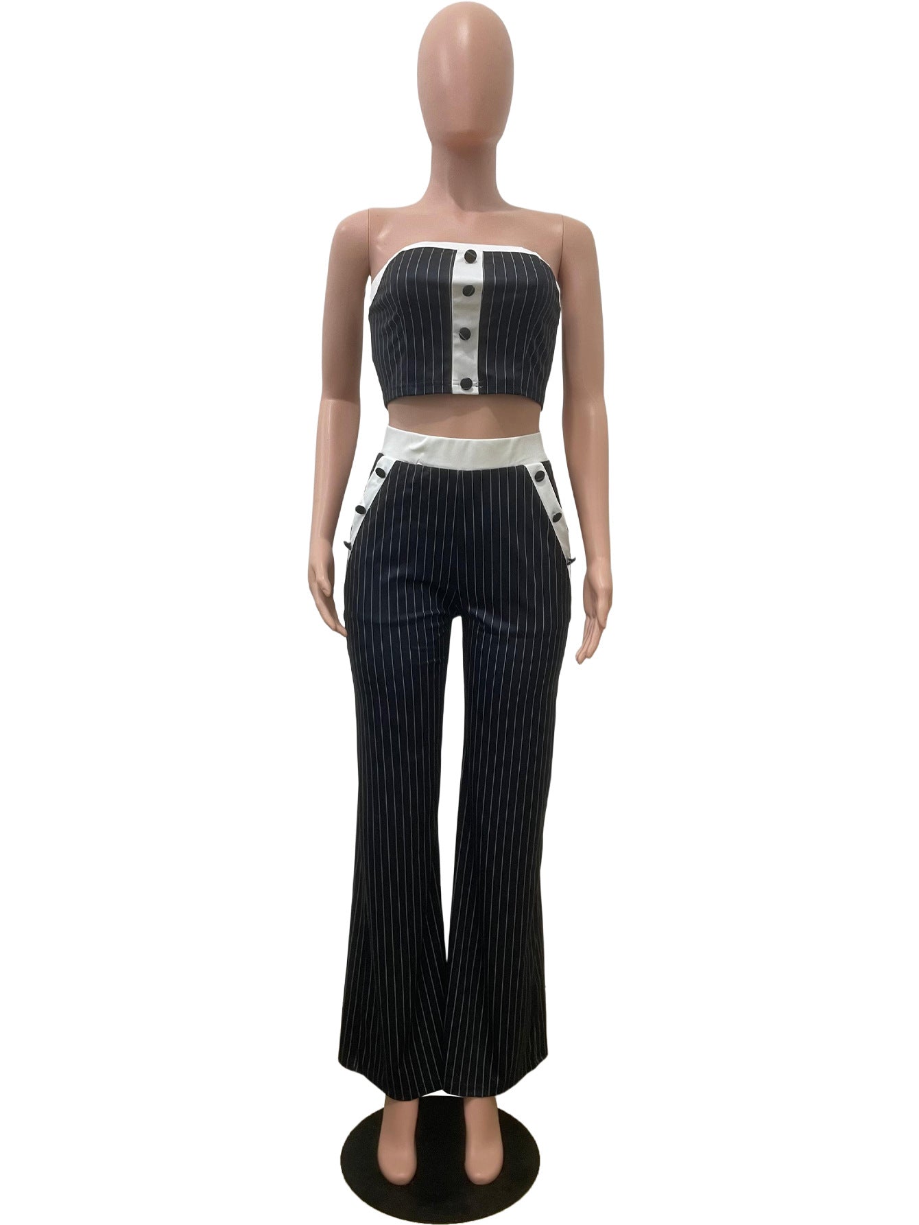 Chic Grey Pinstripe Strapless Crop Top & Pants Set