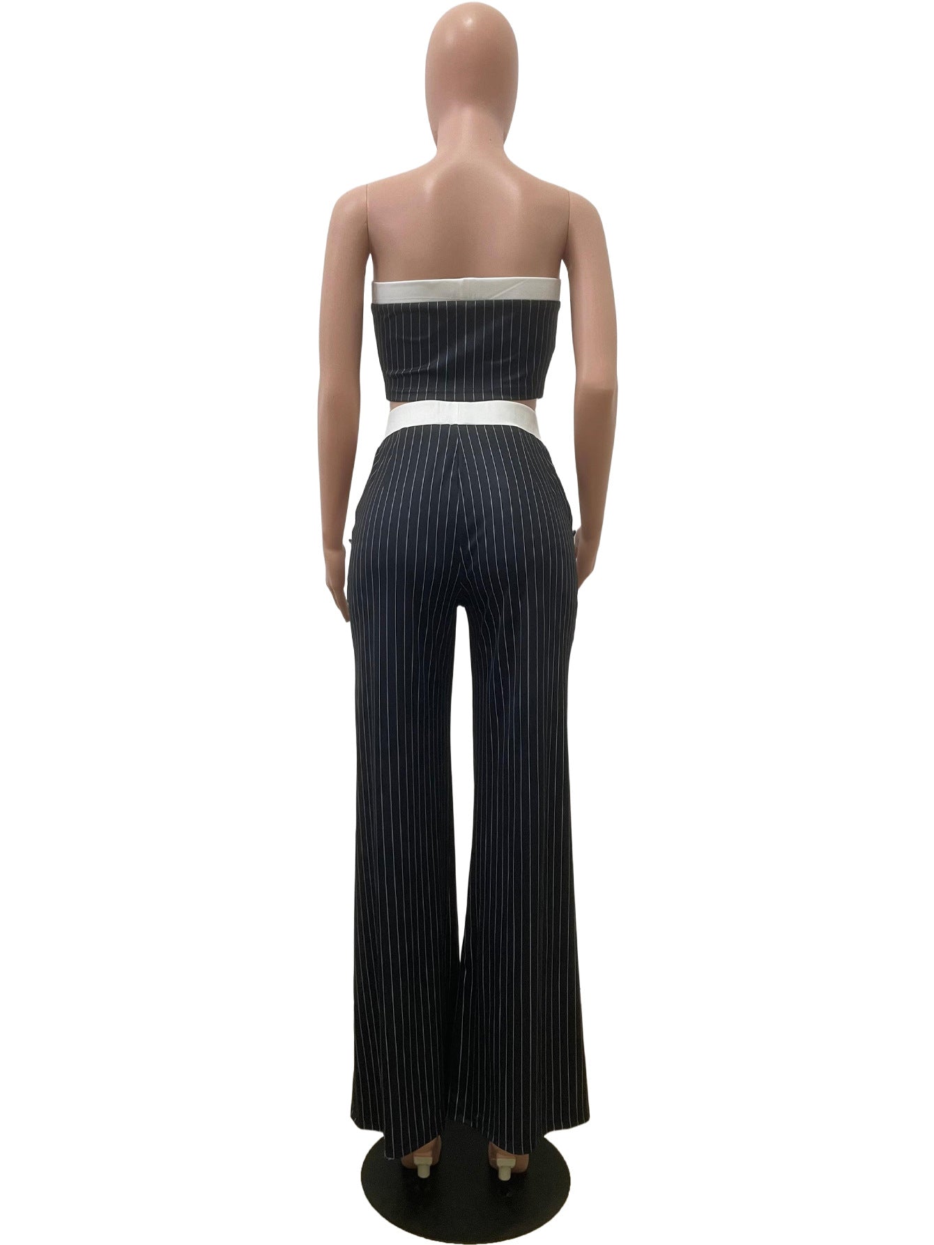 Chic Grey Pinstripe Strapless Crop Top & Pants Set
