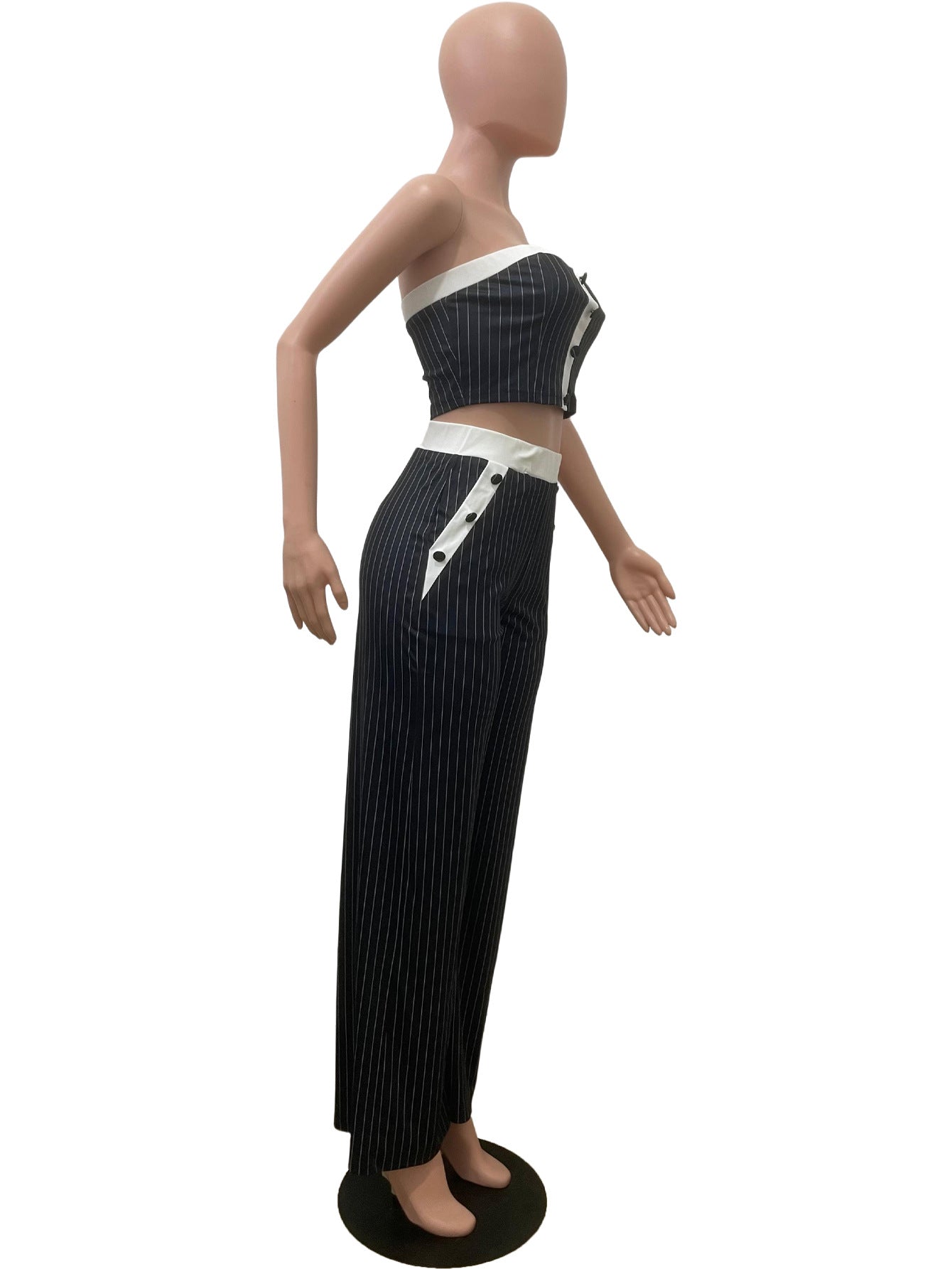 Chic Grey Pinstripe Strapless Crop Top & Pants Set