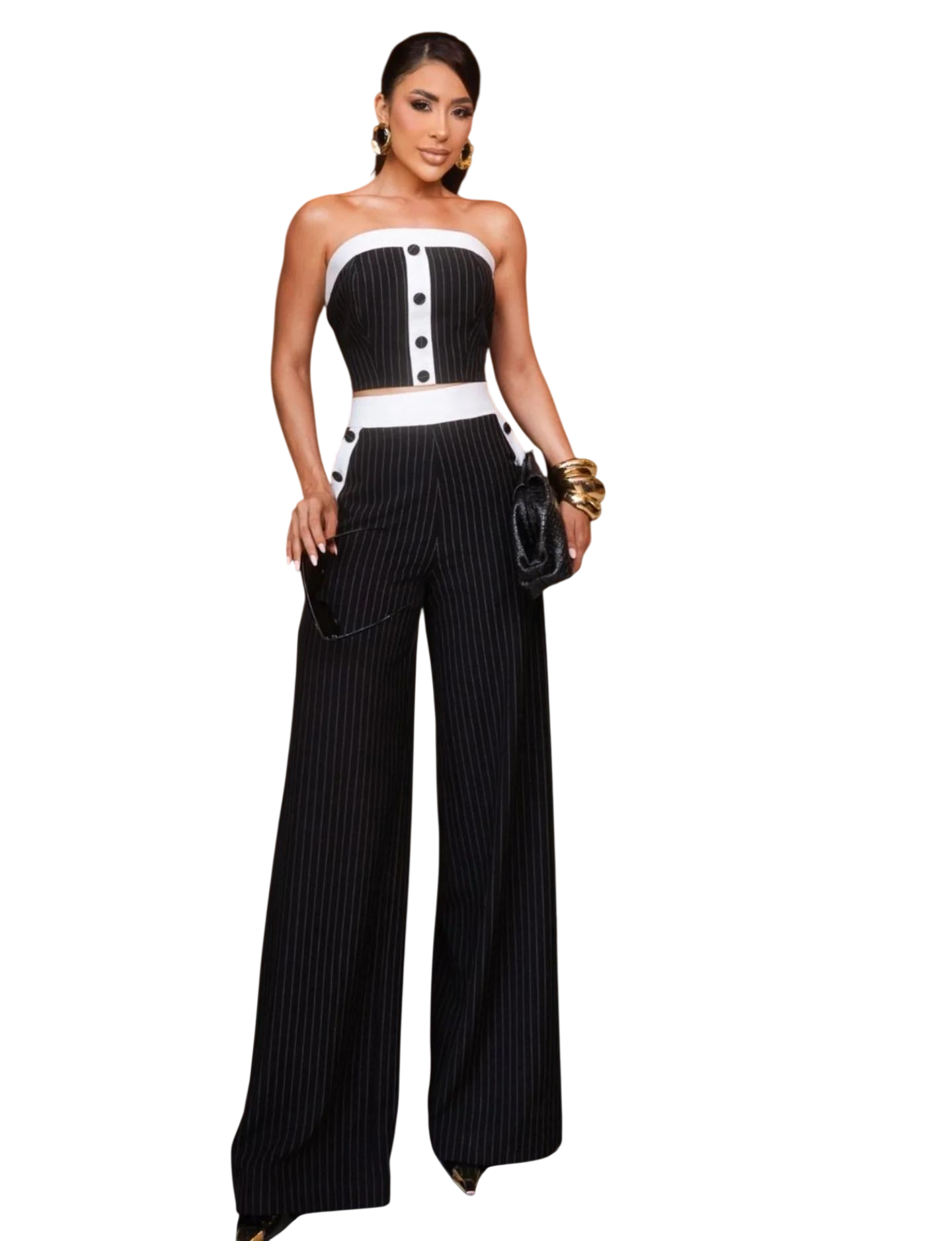 Chic Grey Pinstripe Strapless Crop Top & Pants Set