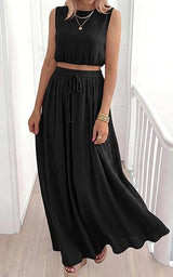 Elegant Black Sleeveless Crop Top & Maxi Skirt