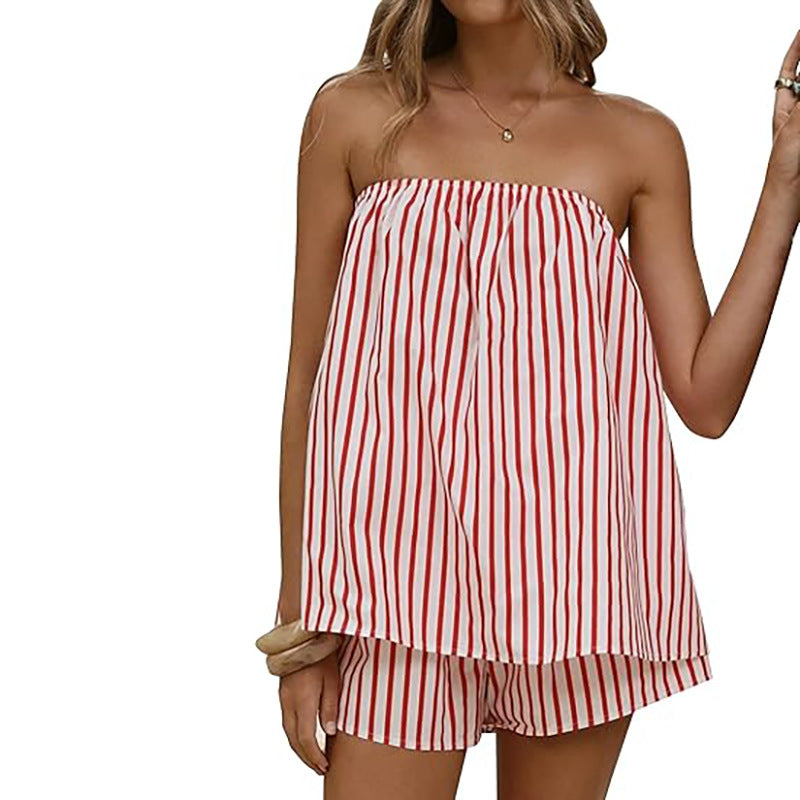 Casual Red Stripe Strapless Top