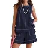 Black Contrast Stitch Sleeveless Top & Shorts Set