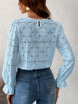 Elegant Sky Blue Floral Lace Long Sleeve Blouse