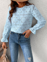 Elegant Sky Blue Floral Lace Long Sleeve Blouse
