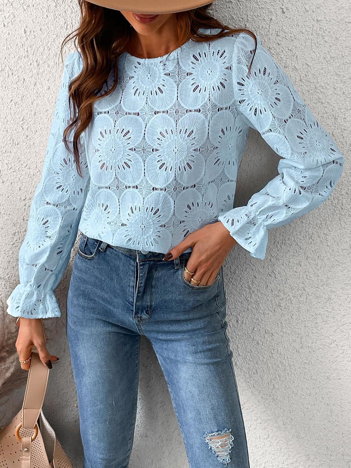 Elegant Sky Blue Floral Lace Long Sleeve Blouse