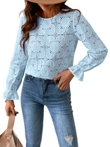 Elegant Sky Blue Floral Lace Long Sleeve Blouse