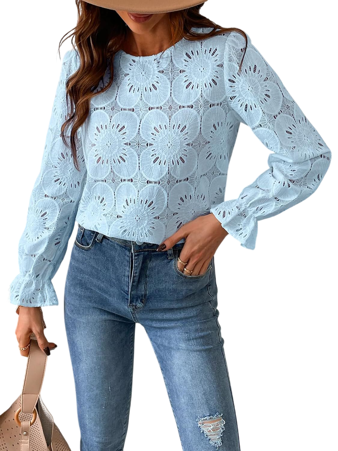 Elegant Sky Blue Floral Lace Long Sleeve Blouse