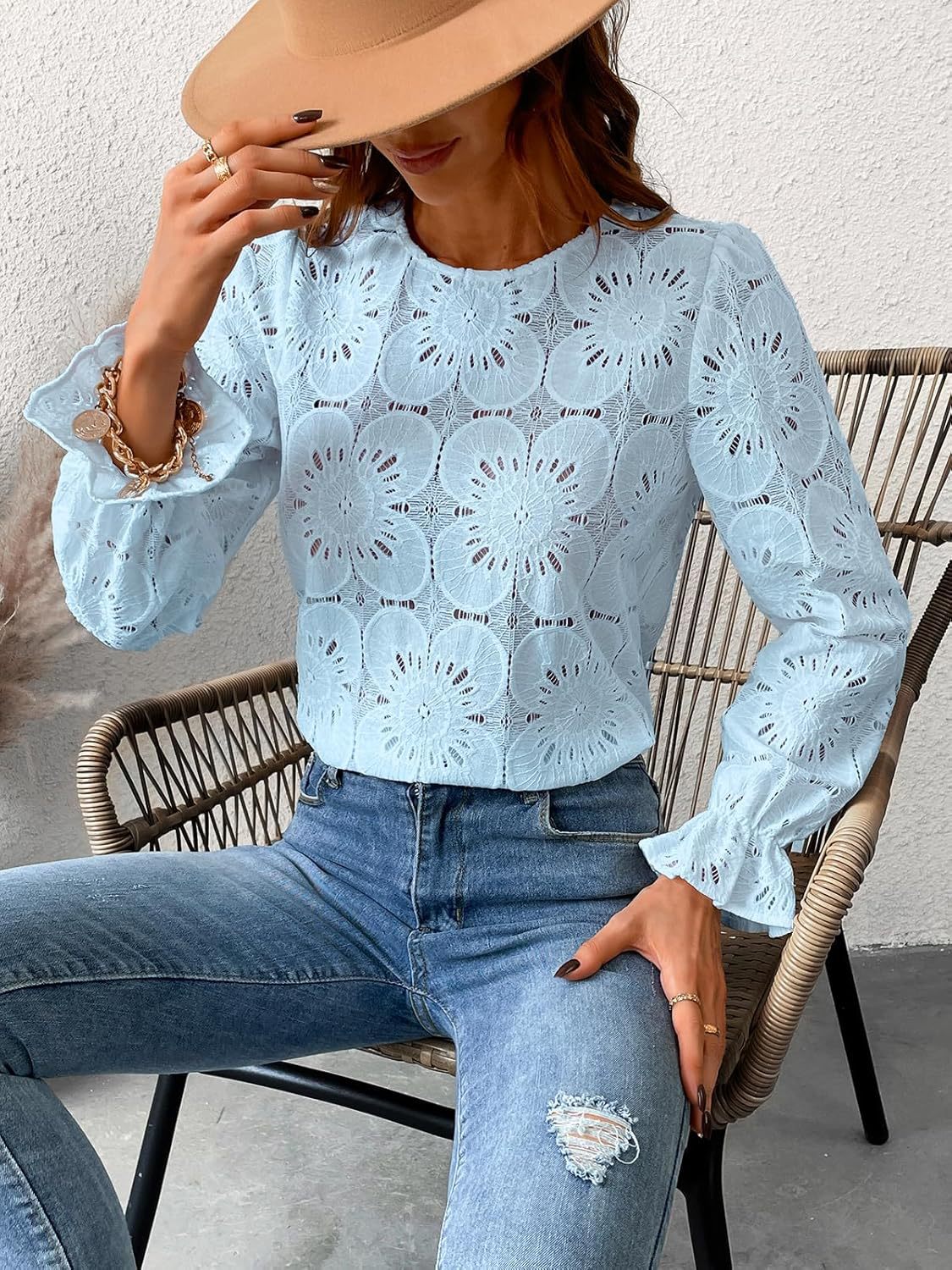 Elegant Sky Blue Floral Lace Long Sleeve Blouse