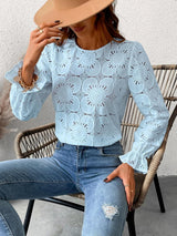 Elegant Sky Blue Floral Lace Long Sleeve Blouse