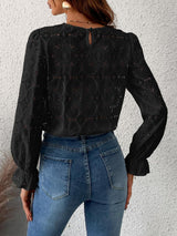 Elegant Sky Blue Floral Lace Long Sleeve Blouse