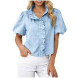 Chic Pink Stripe Ruffle Puff Sleeve Blouse