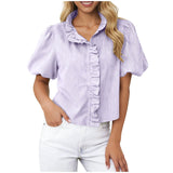 Chic Pink Stripe Ruffle Puff Sleeve Blouse