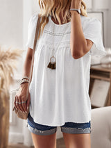 Casual White Lace Trim Short Sleeve Blouse