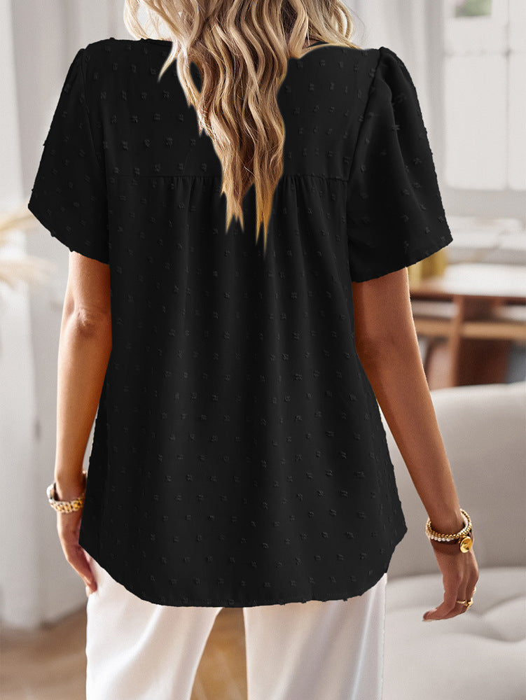 Casual White Lace Trim Short Sleeve Blouse