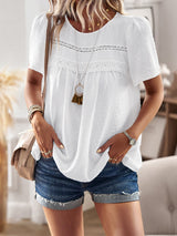 Casual White Lace Trim Short Sleeve Blouse