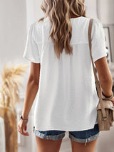 Casual White Lace Trim Short Sleeve Blouse