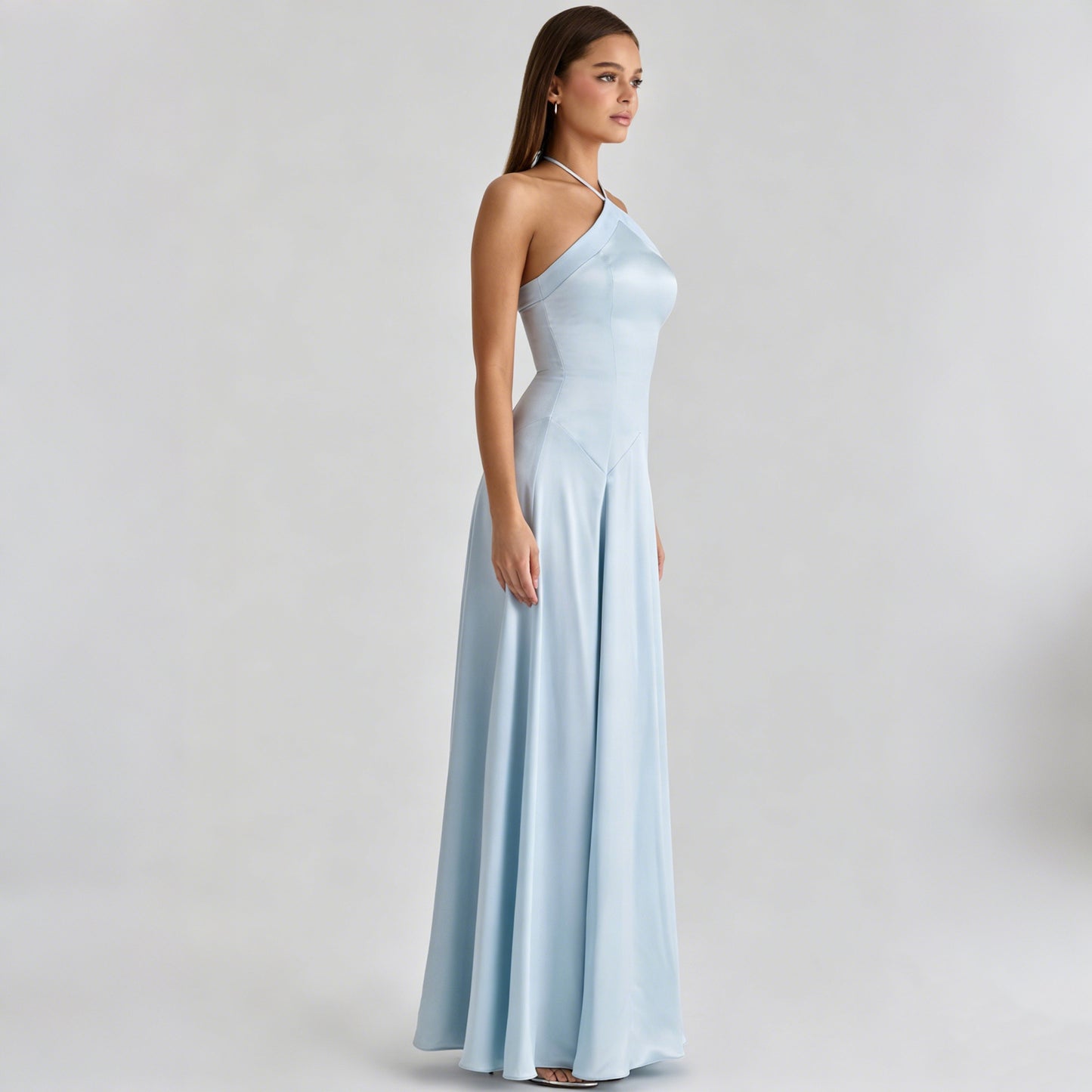 Elegant Sky Blue One-Shoulder Satin Evening Gown