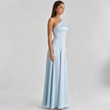 Elegant Sky Blue One-Shoulder Satin Evening Gown