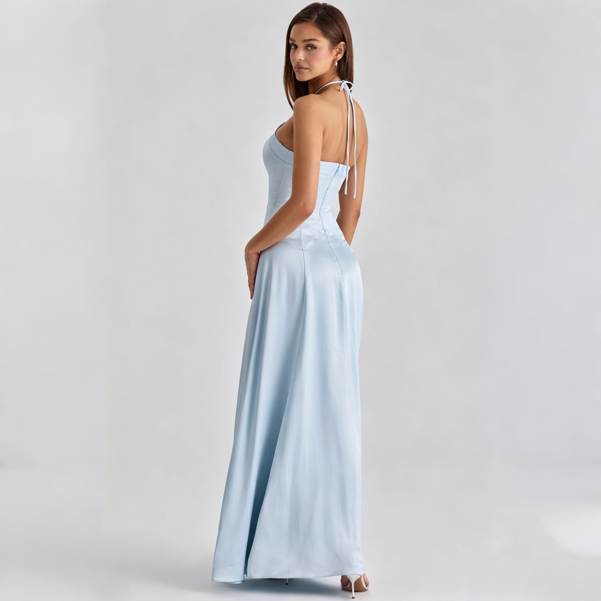 Elegant Sky Blue One-Shoulder Satin Evening Gown