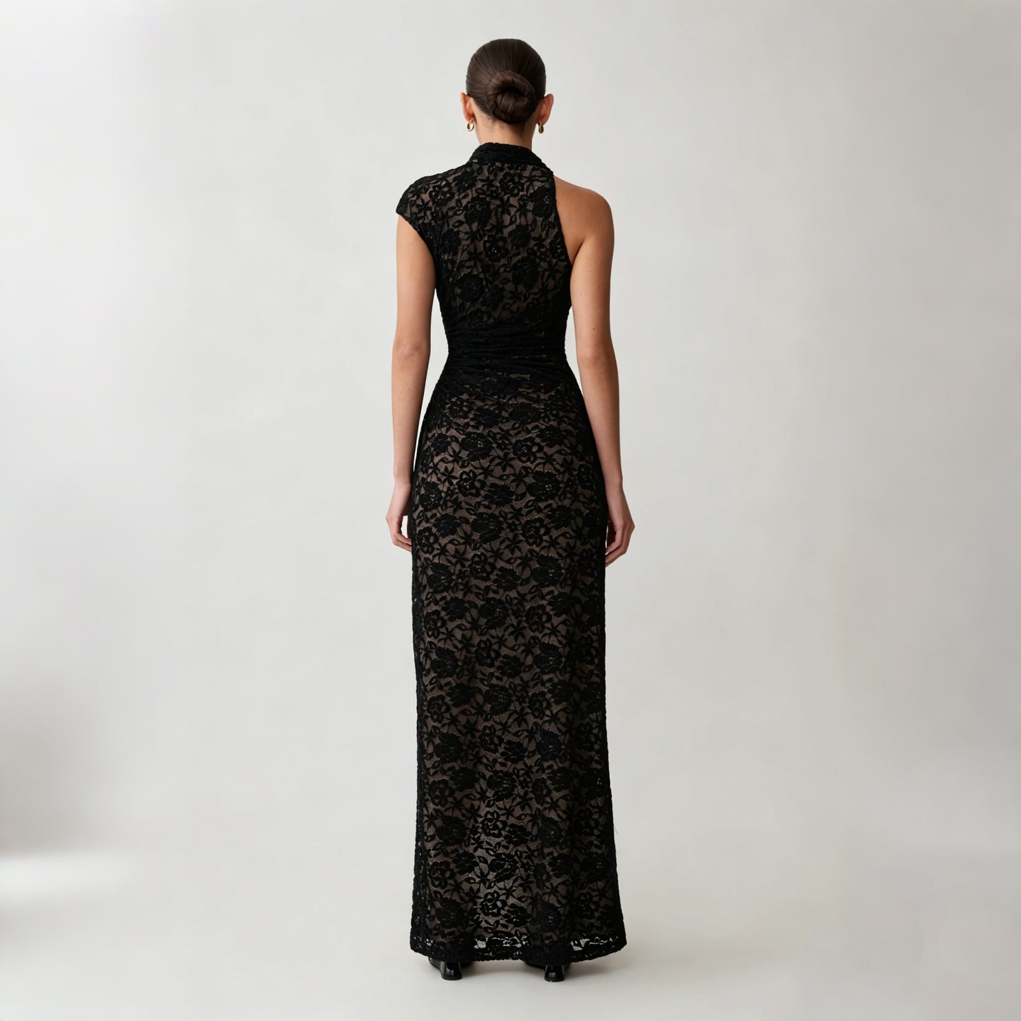 Black Lace One-Shoulder Cutout Maxi Dress