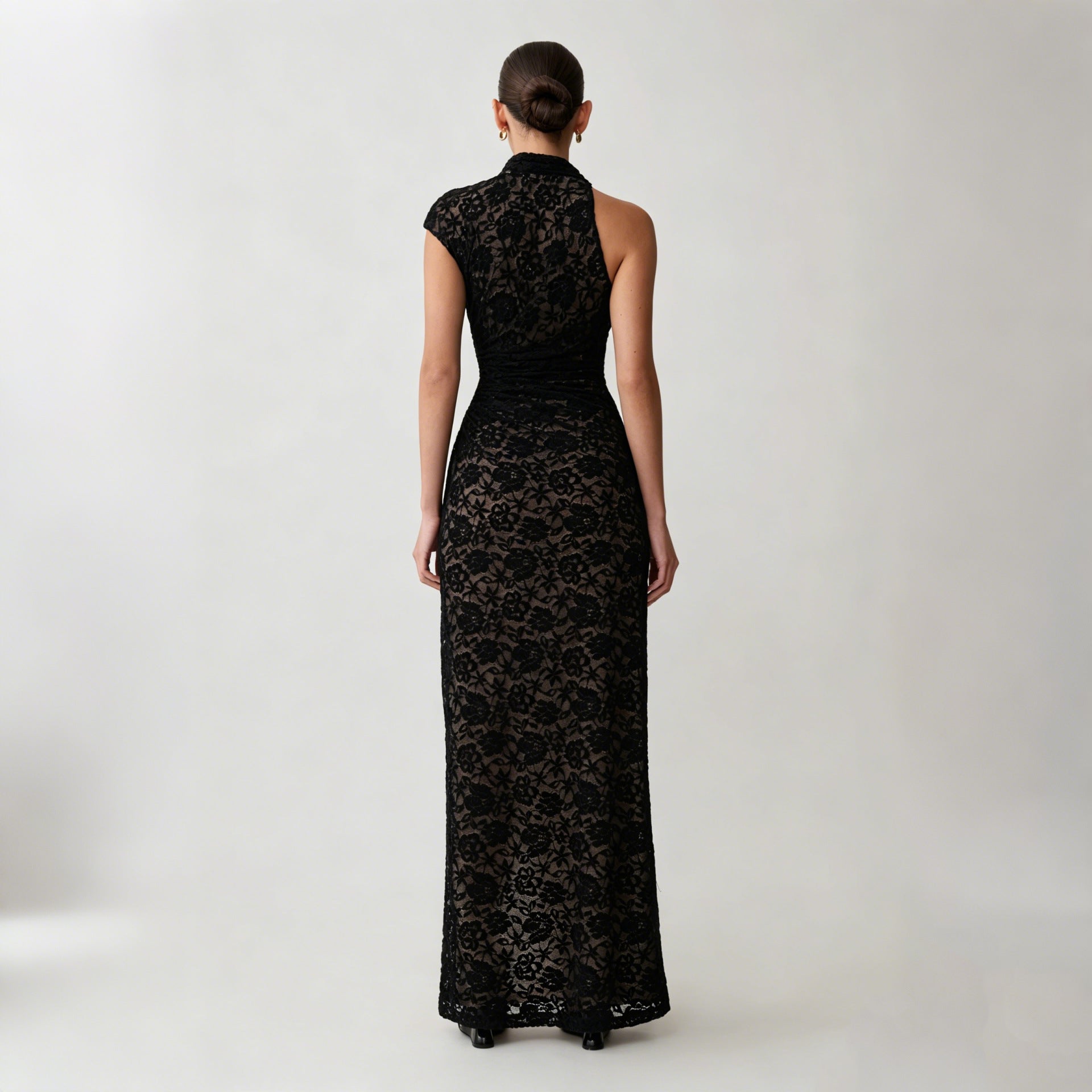 Black Lace One-Shoulder Cutout Maxi Dress