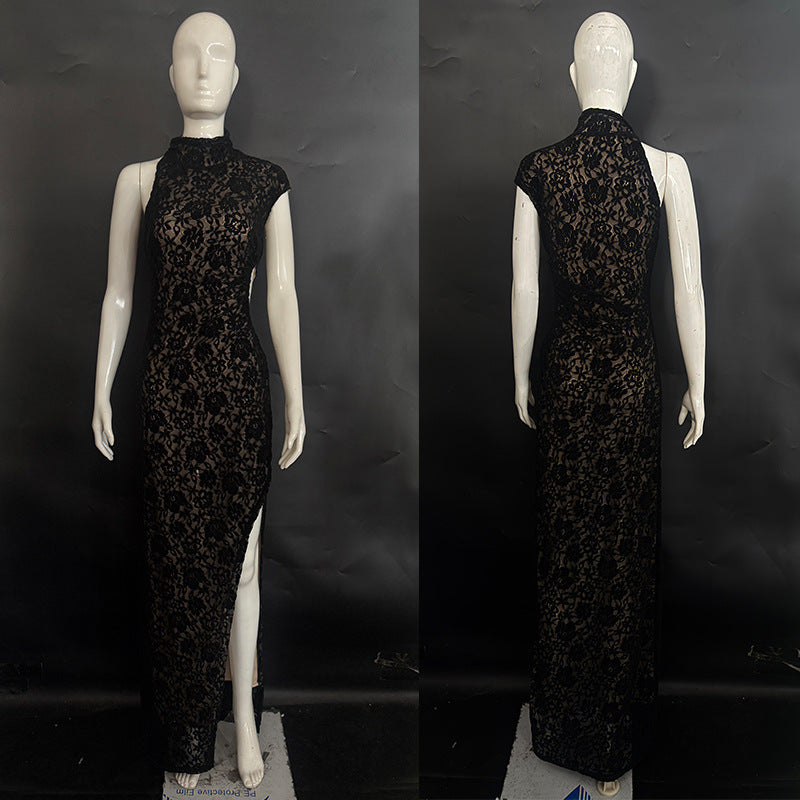 Black Lace One-Shoulder Cutout Maxi Dress