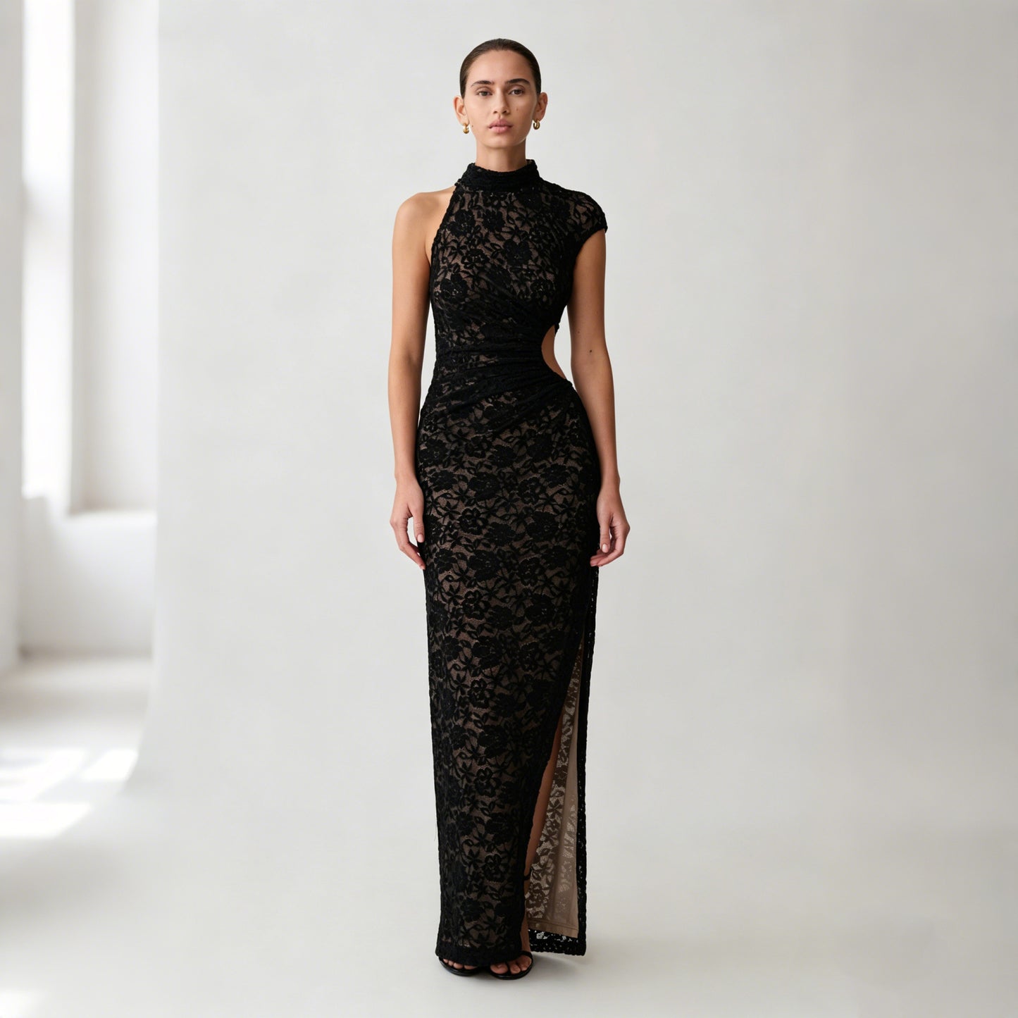 Black Lace One-Shoulder Cutout Maxi Dress