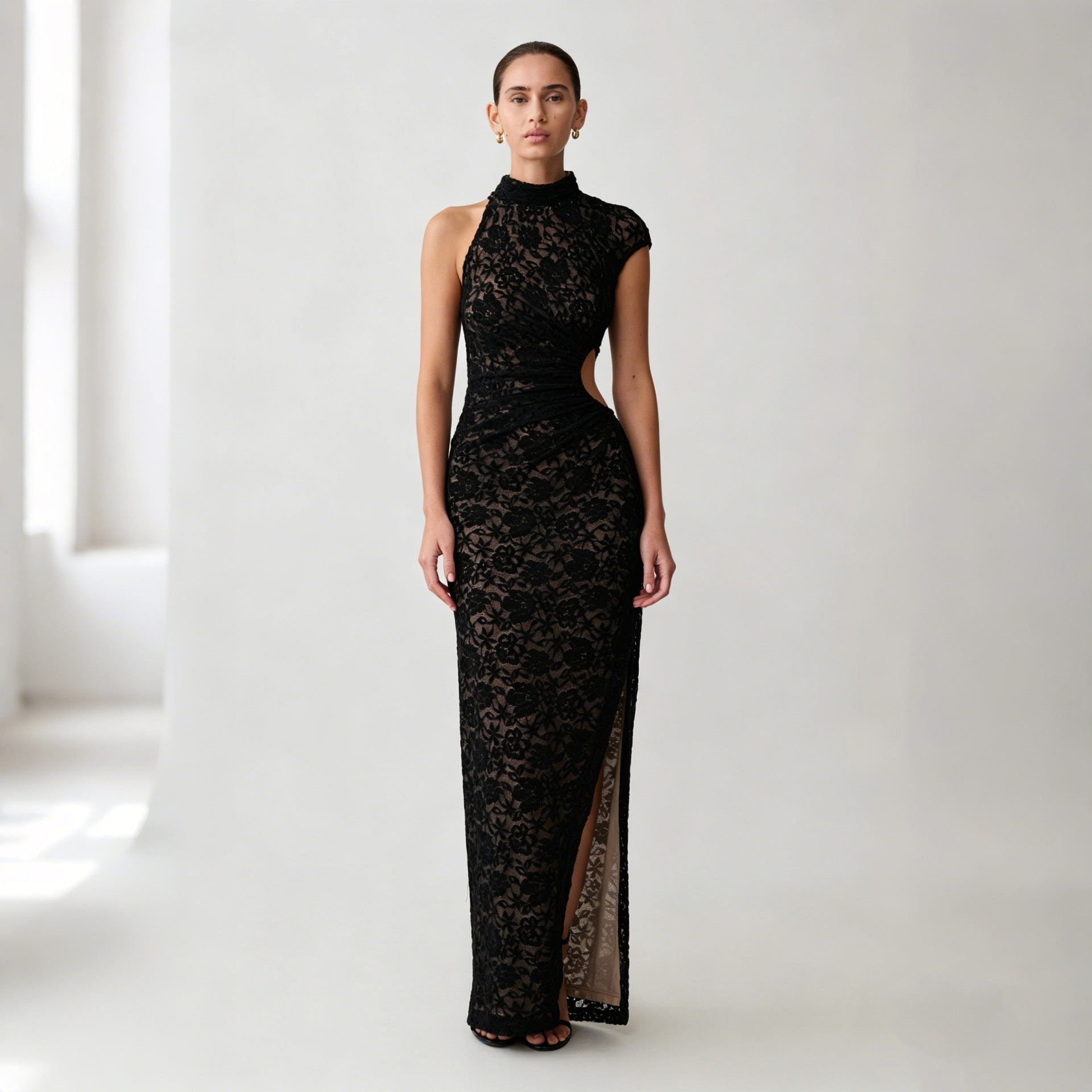 Black Lace One-Shoulder Cutout Maxi Dress