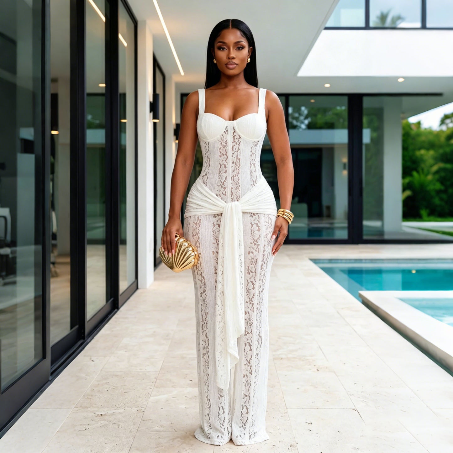 White Lace Corset Maxi Evening Dress