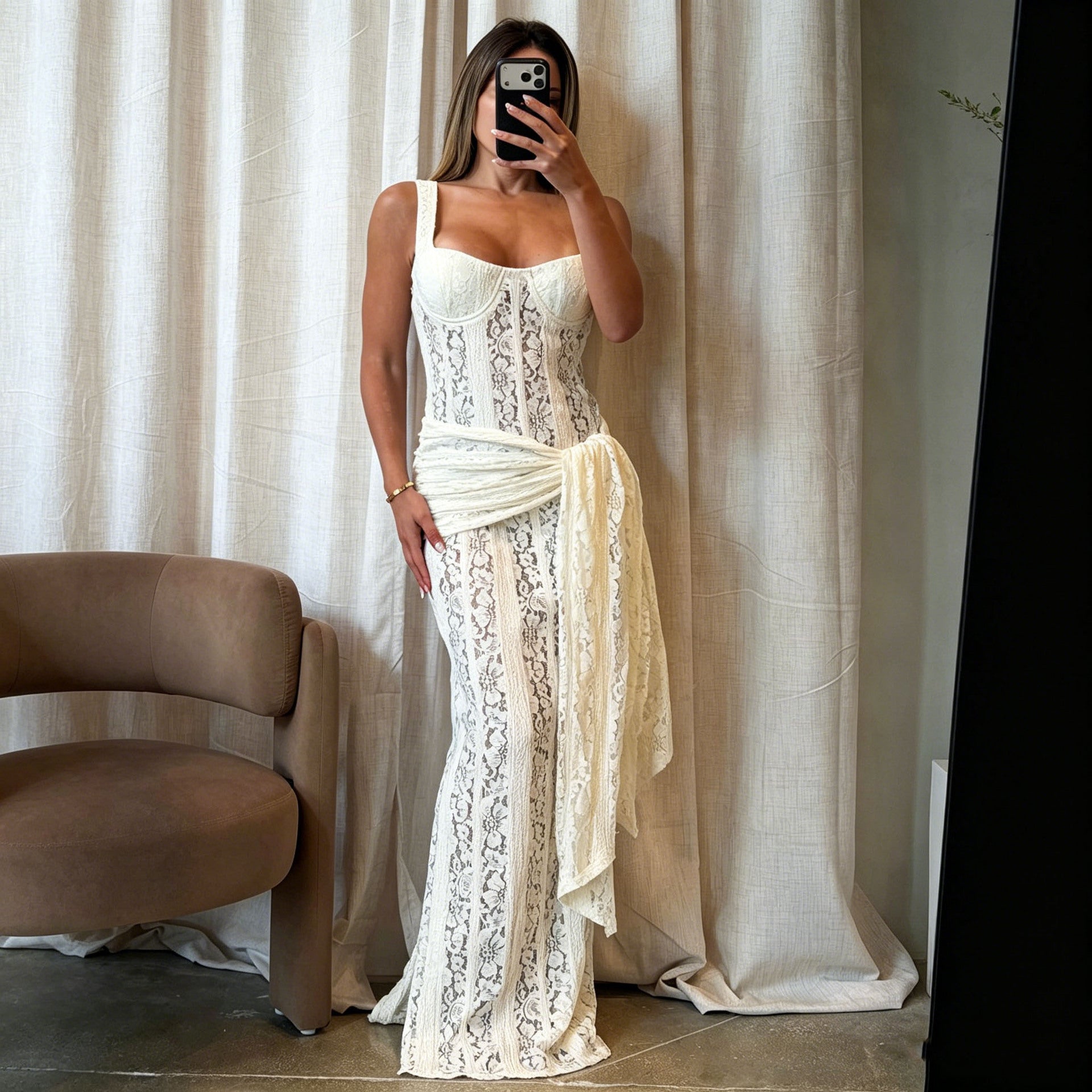 White Lace Corset Maxi Evening Dress