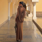 Brown Sleeveless Ruched Mock Neck Maxi Dress
