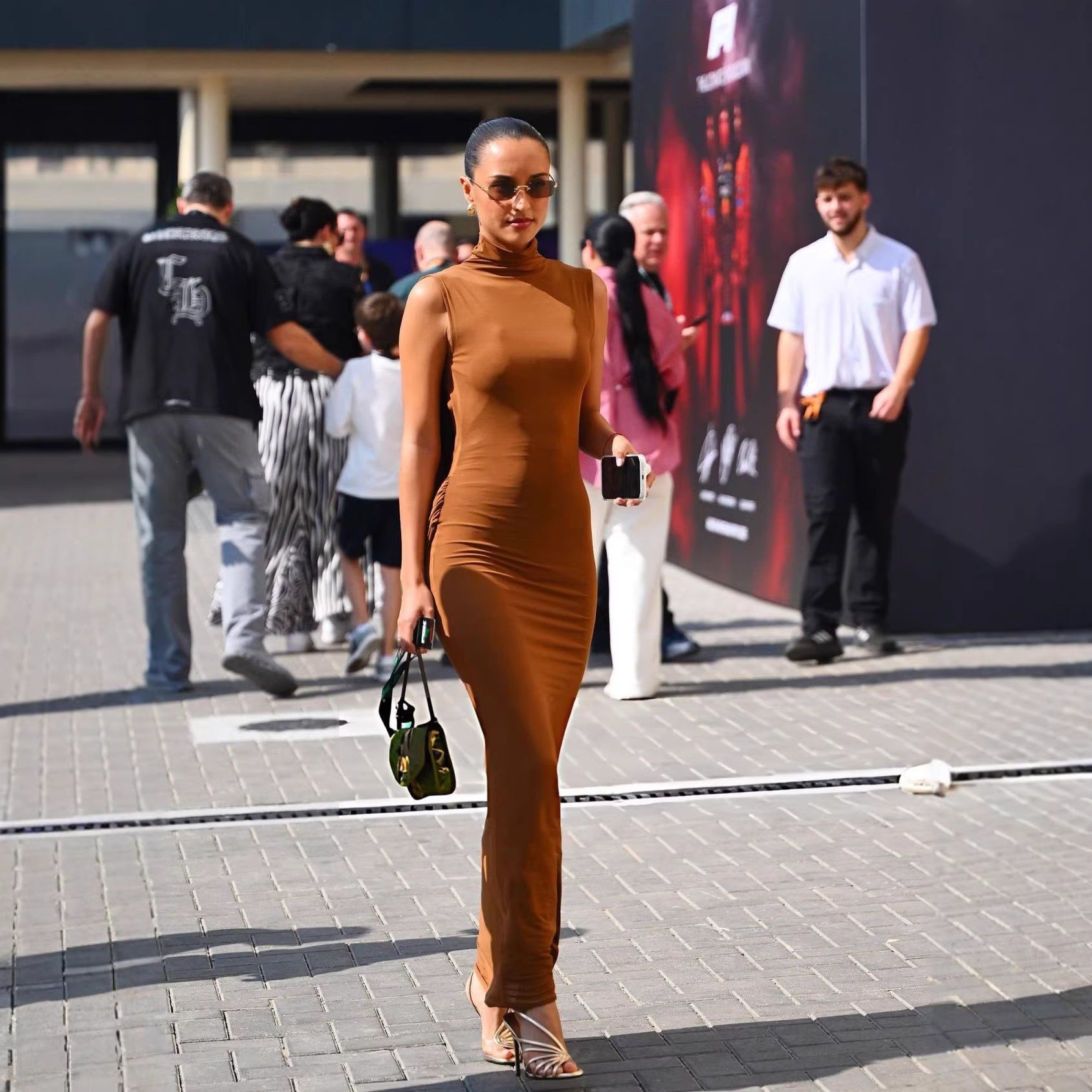 Brown Sleeveless Ruched Mock Neck Maxi Dress