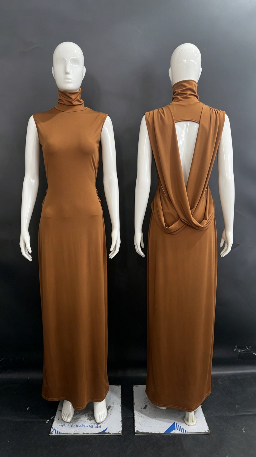 Brown Sleeveless Ruched Mock Neck Maxi Dress