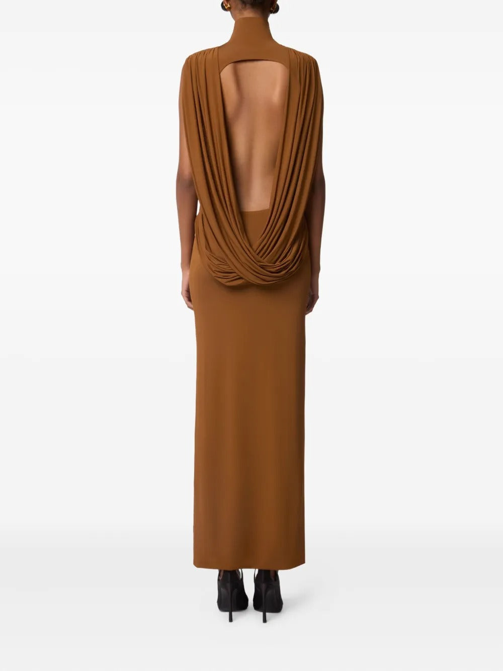 Brown Sleeveless Ruched Mock Neck Maxi Dress