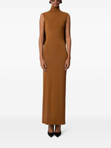 Brown Sleeveless Ruched Mock Neck Maxi Dress