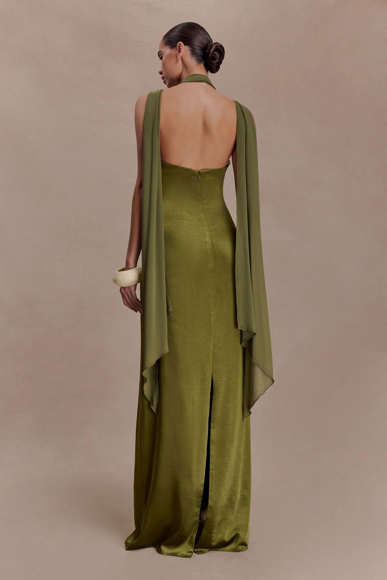 Elegant Olive Green Satin Halter Maxi Evening Gown