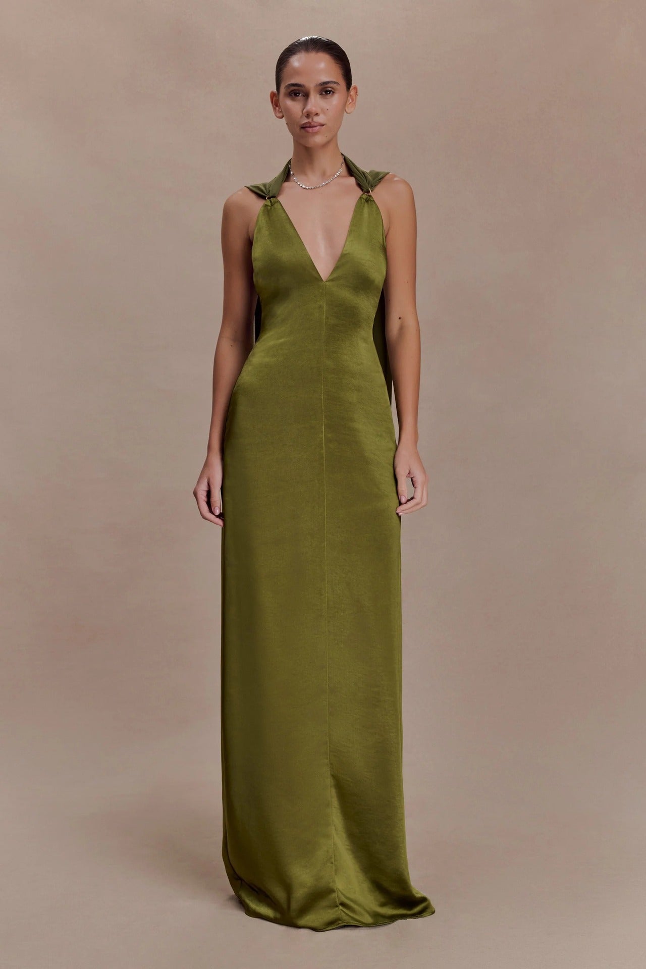 Elegant Olive Green Satin Halter Maxi Evening Gown