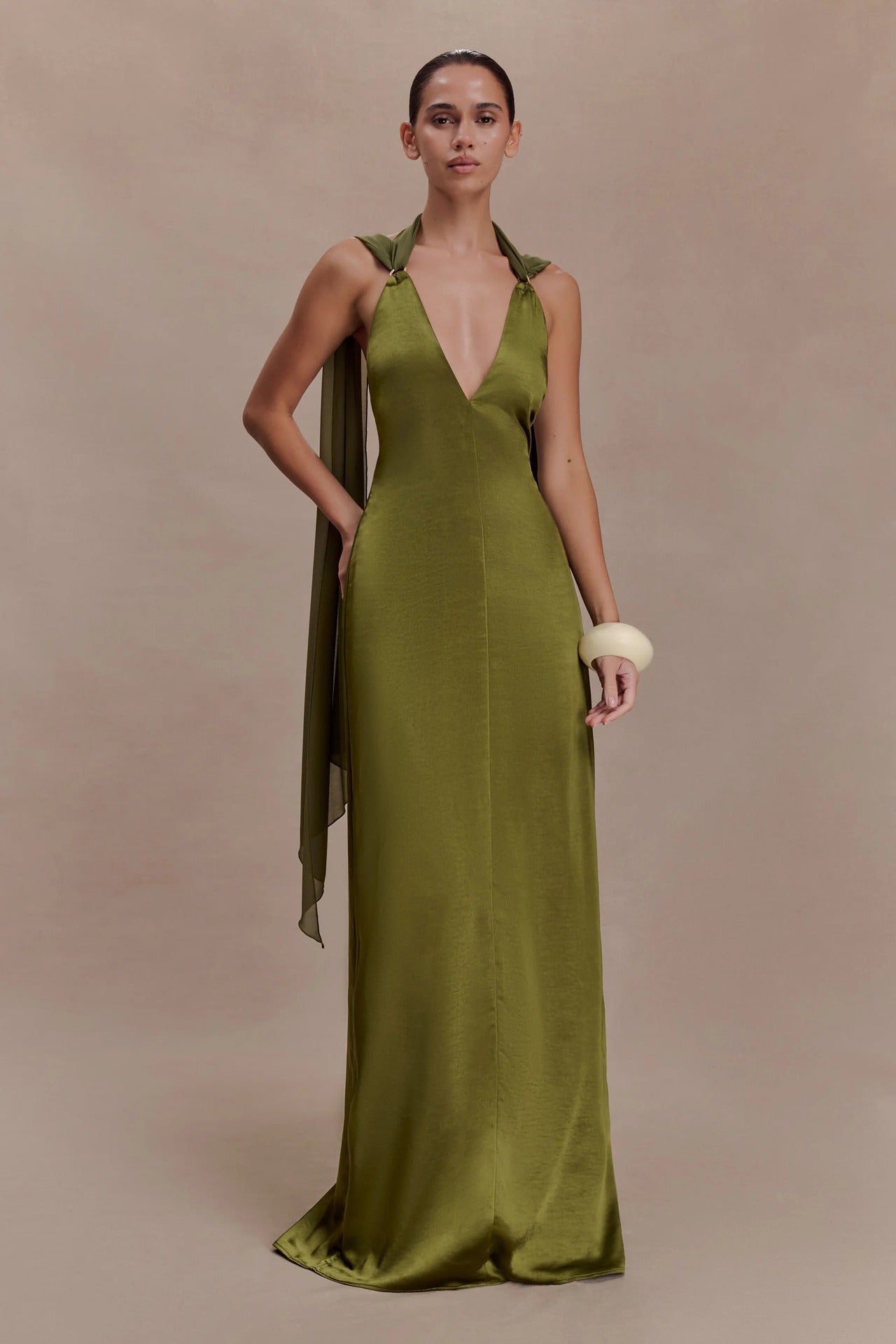 Elegant Olive Green Satin Halter Maxi Evening Gown