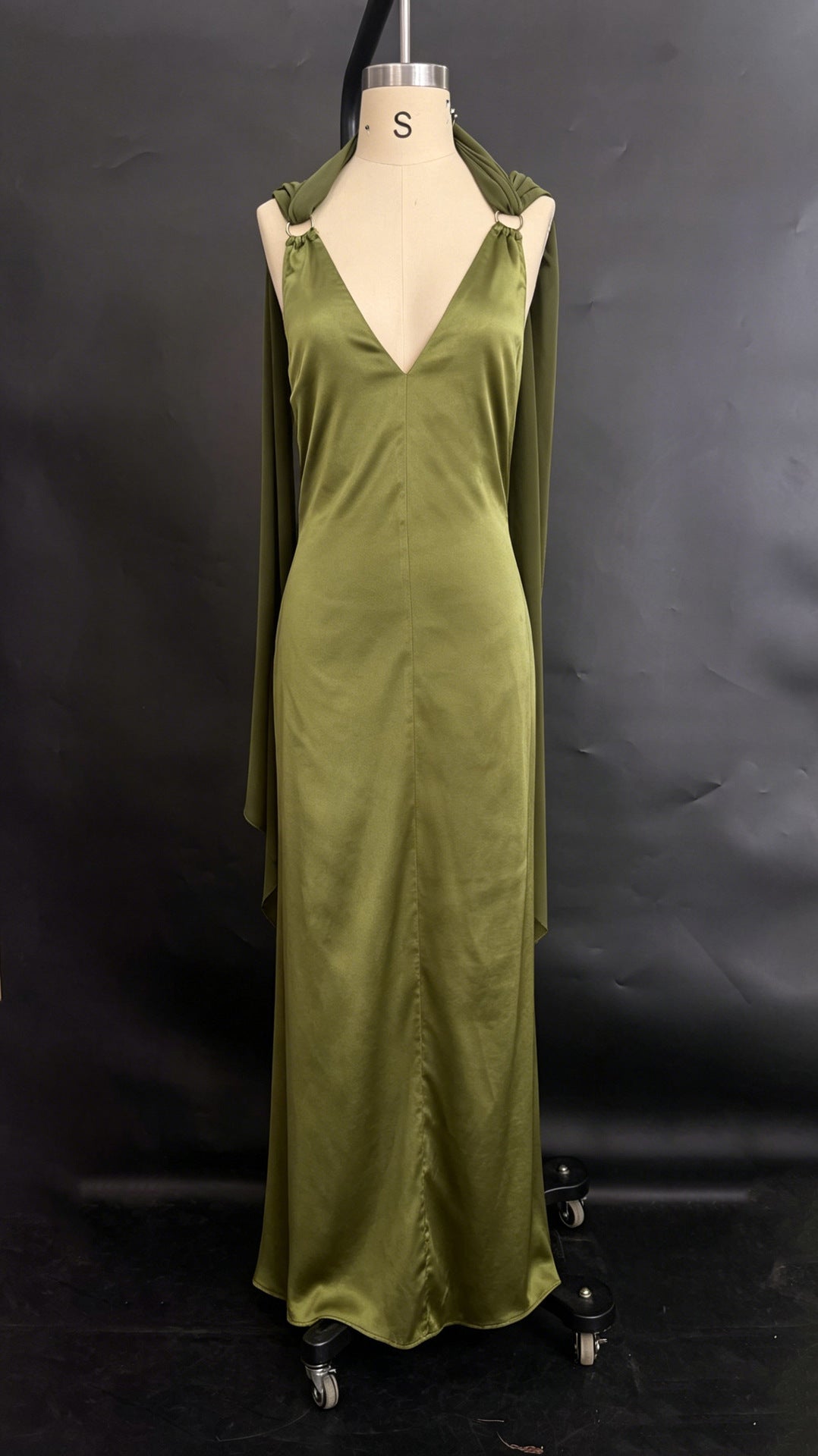 Elegant Olive Green Satin Halter Maxi Evening Gown