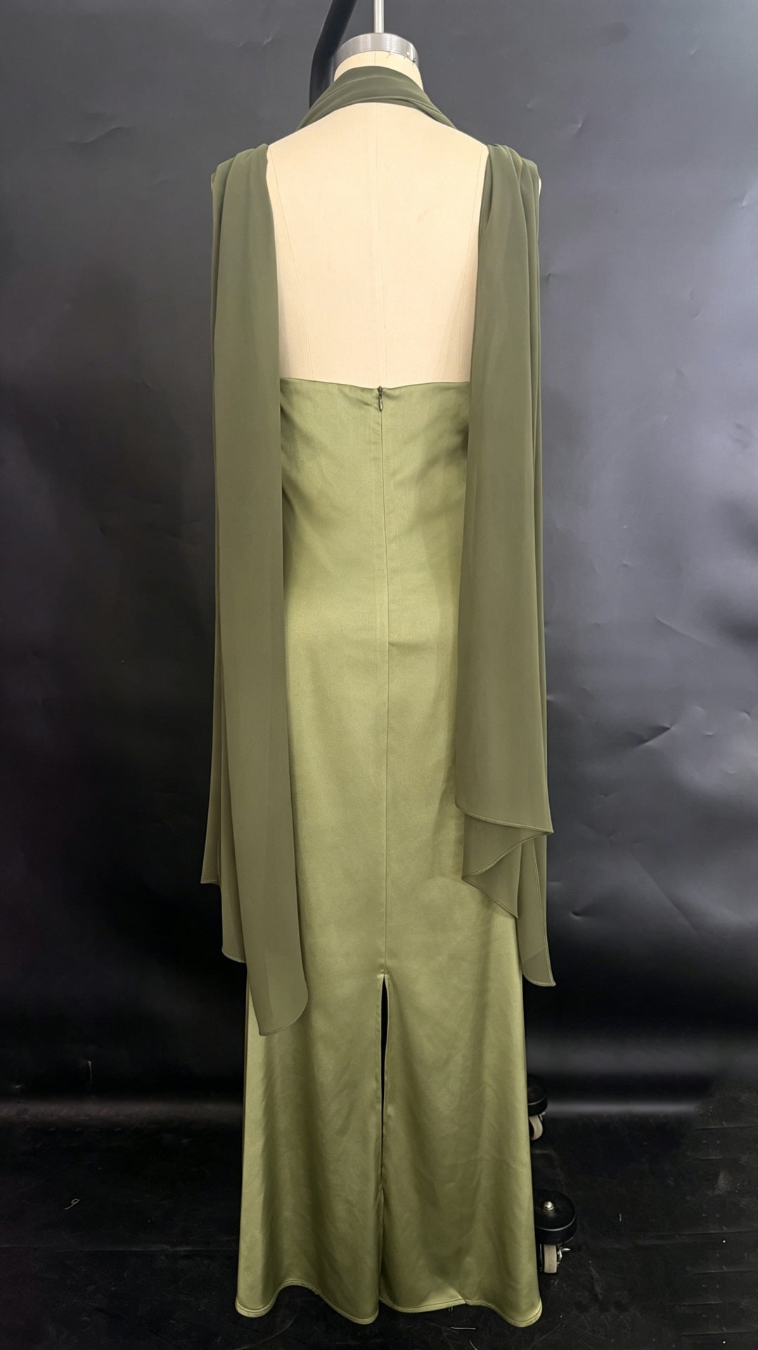 Elegant Olive Green Satin Halter Maxi Evening Gown