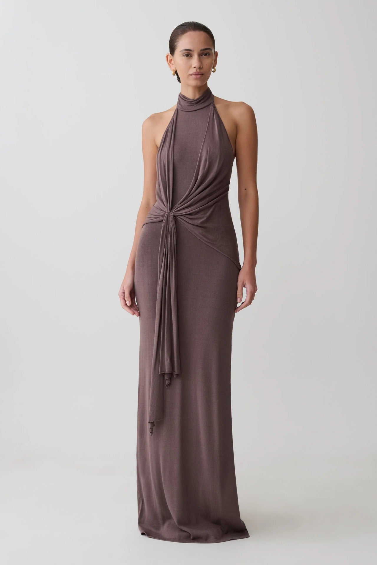 Elegant Taupe Halter Neck Twist Front Maxi Dress