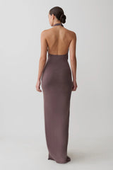 Elegant Taupe Halter Neck Twist Front Maxi Dress