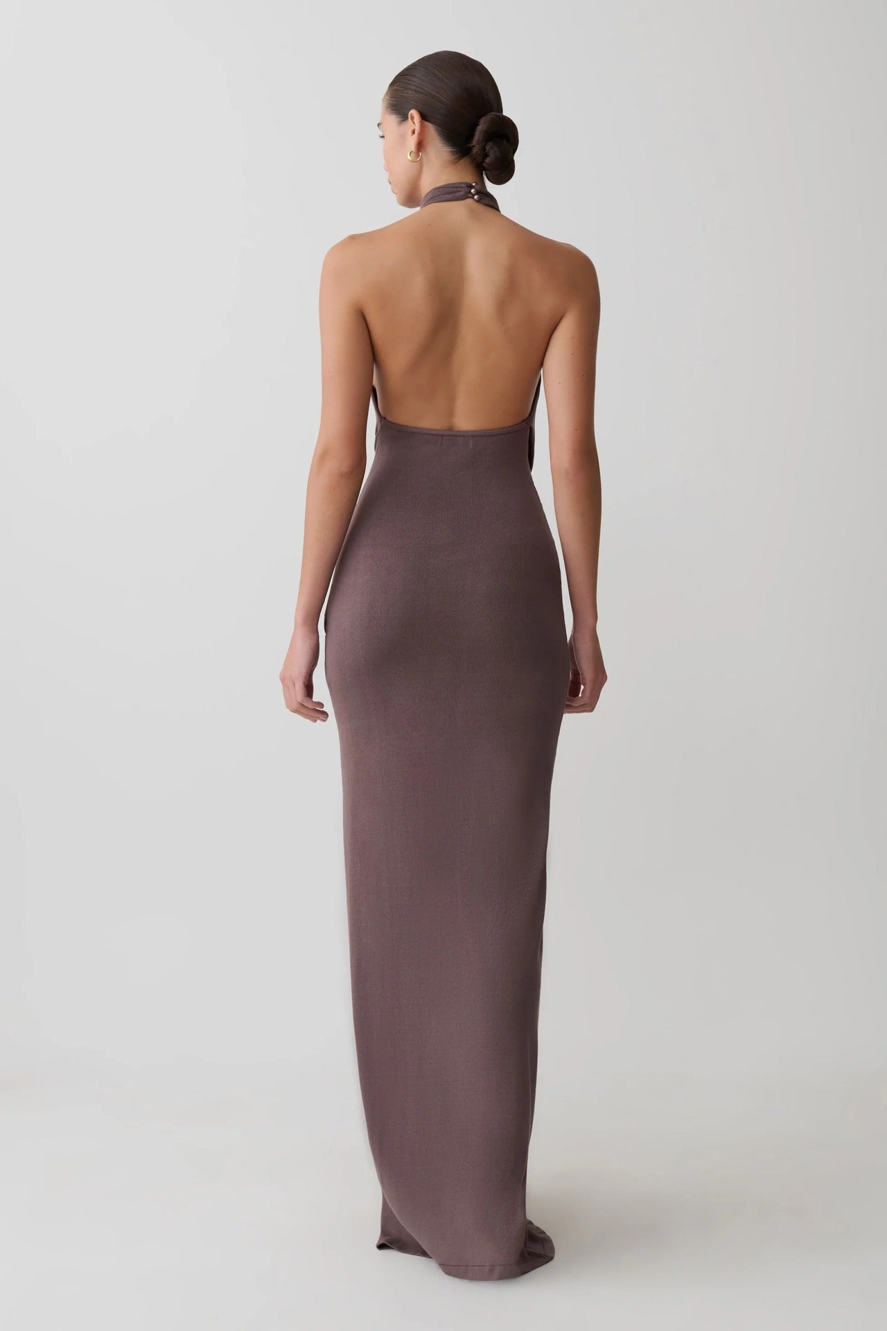 Elegant Taupe Halter Neck Twist Front Maxi Dress