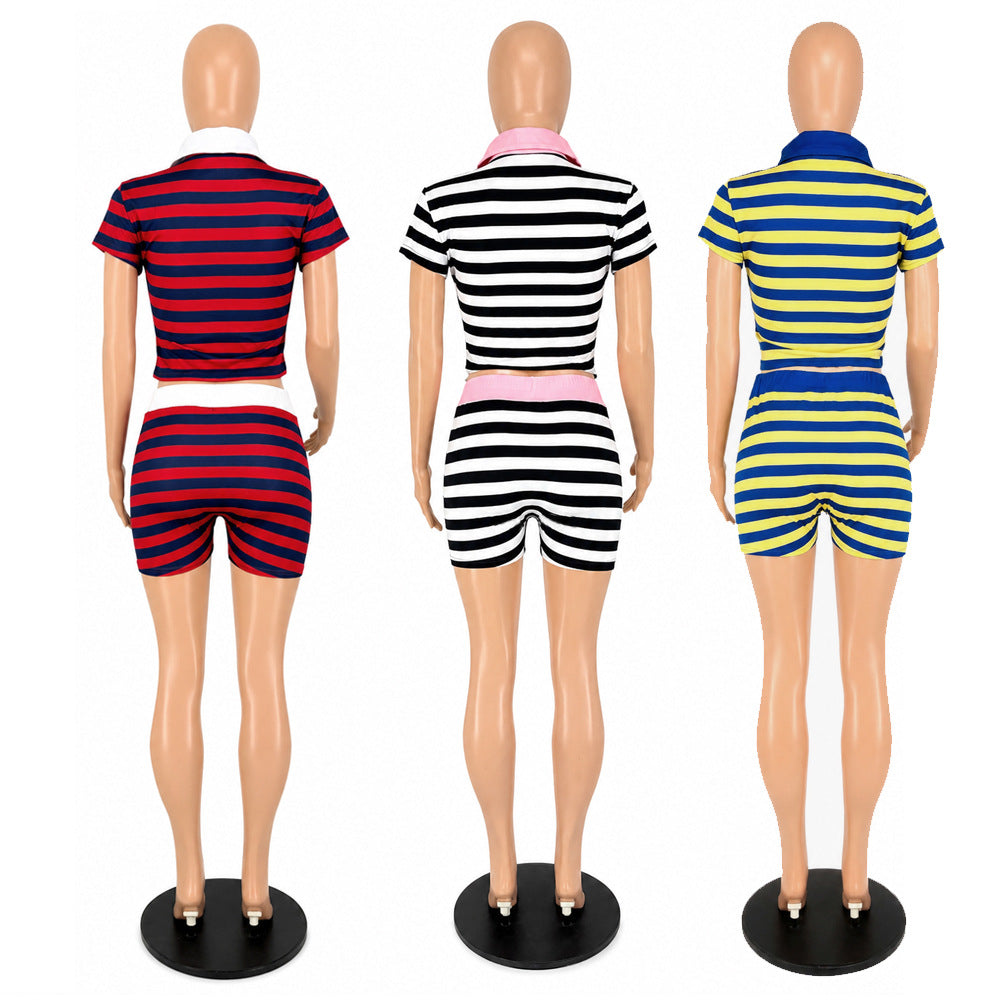 Blue & Yellow Striped  Top and  Shorts Set